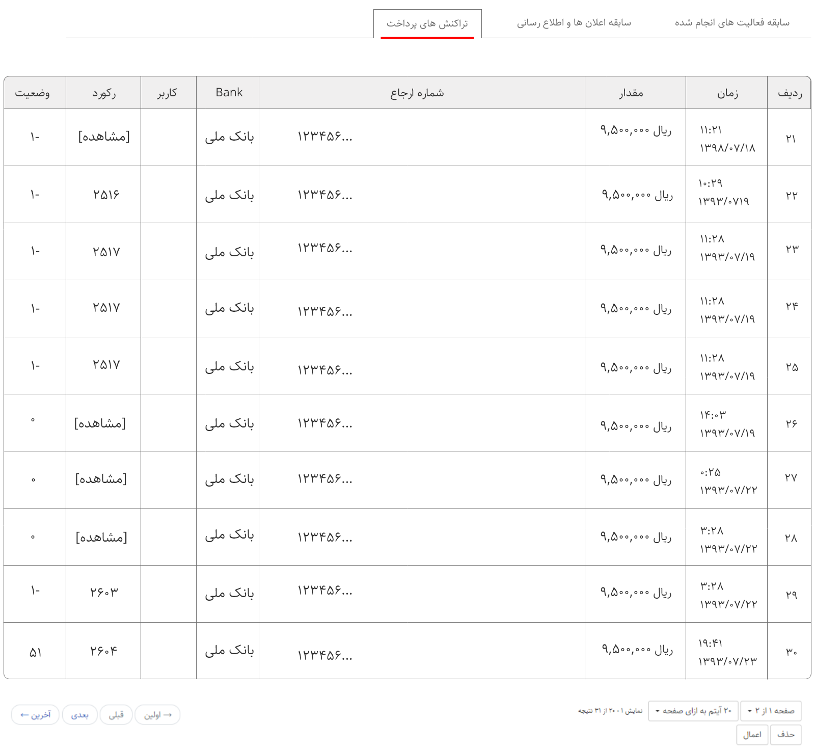 گزارشات پرداخت‌ها، تراکنش‌ها و وضعیت آنها